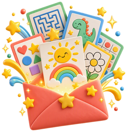 Printable activity pages flying out of an envelope