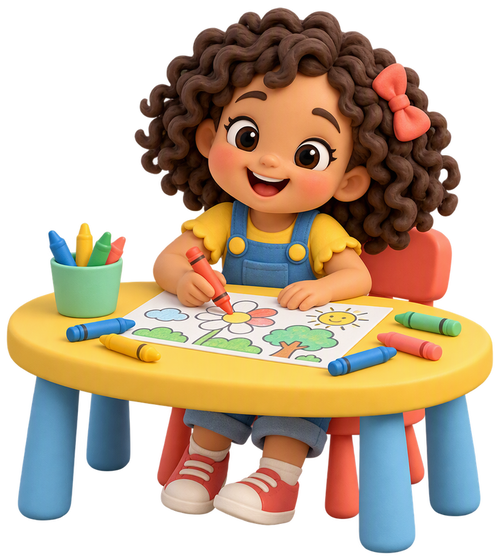 Happy child coloring a printed activity page