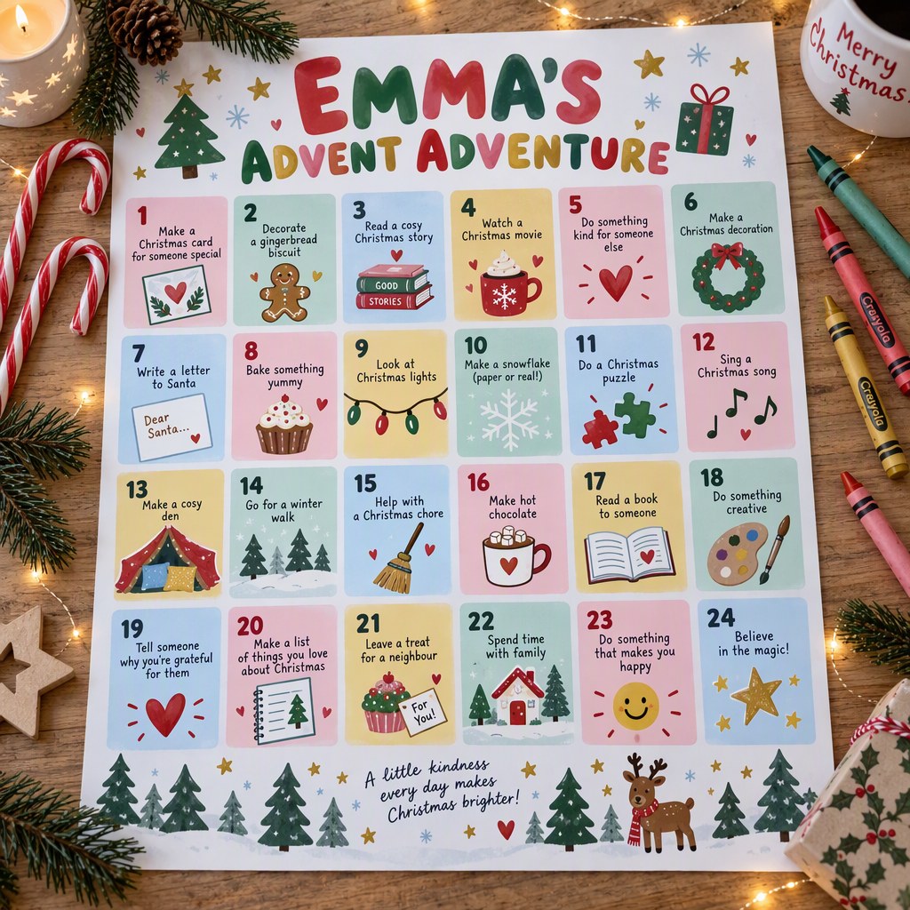Example advent activity calendar personalized for Emma