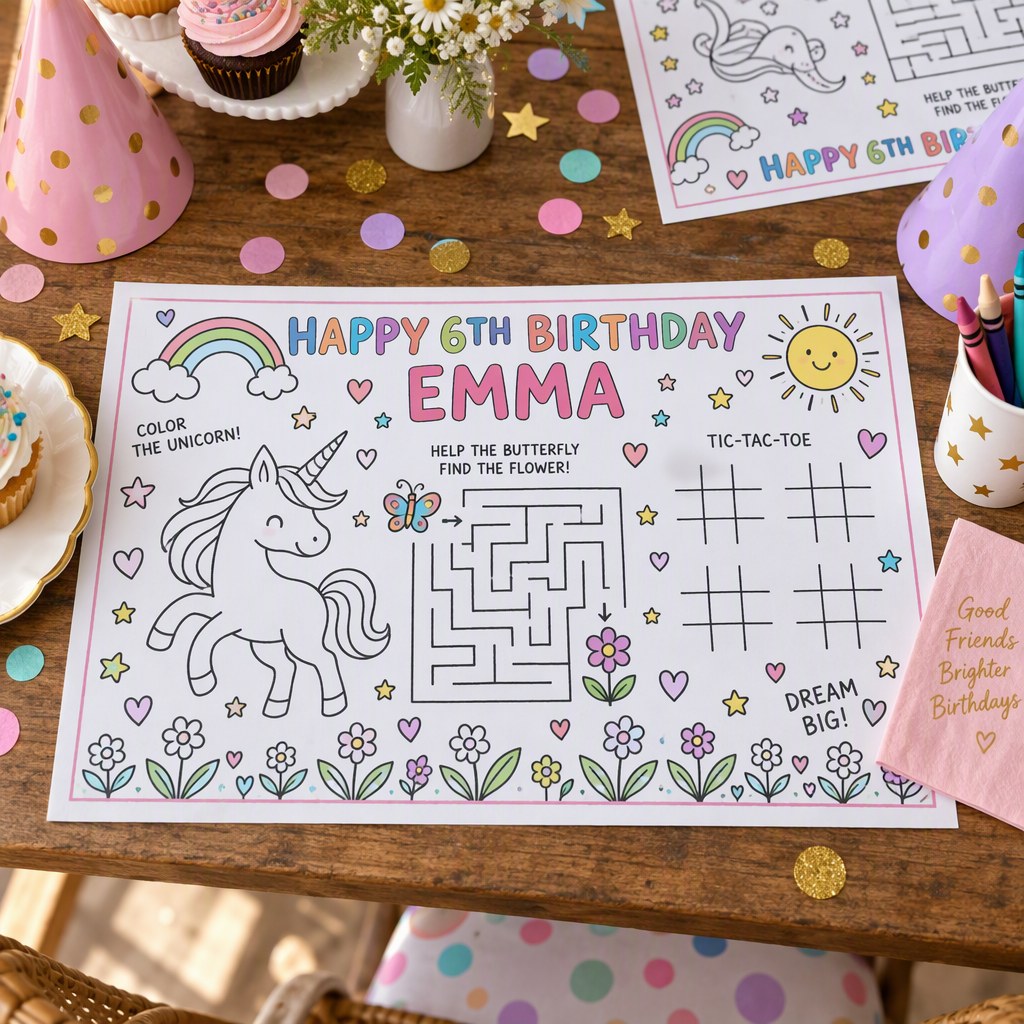 Example birthday party activity placemat for Emma turning 6