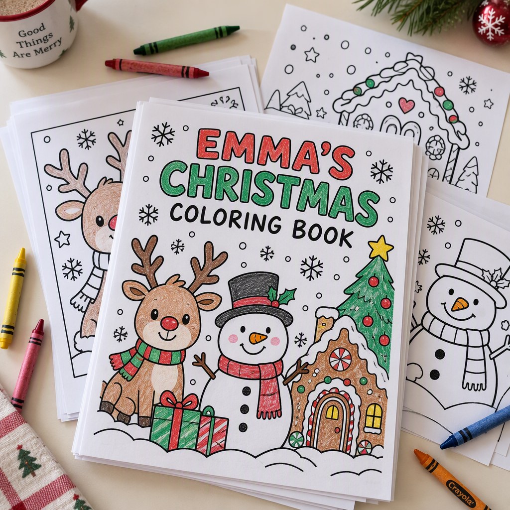 Example Christmas coloring book personalized for Emma