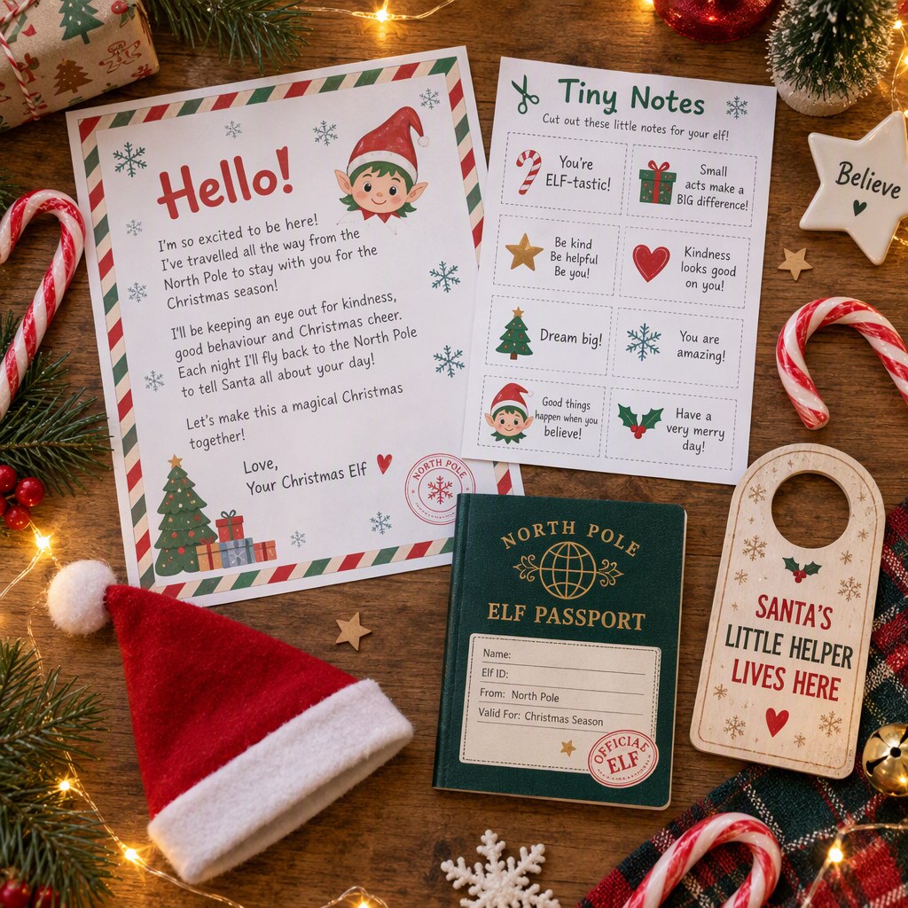 Example Christmas elf arrival kit with letter, notes, passport and door sign