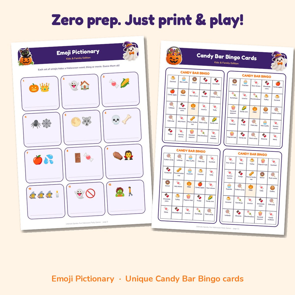 Emoji Pictionary page and unique Candy Bar Bingo cards