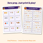 Emoji Pictionary page and unique Candy Bar Bingo cards