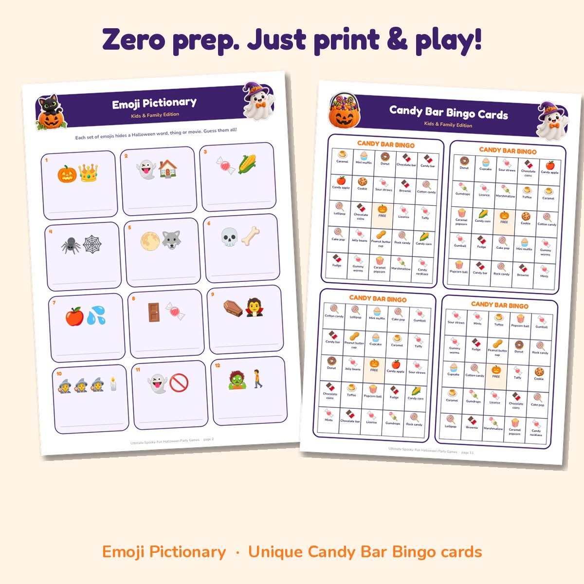 Emoji Pictionary page and unique Candy Bar Bingo cards