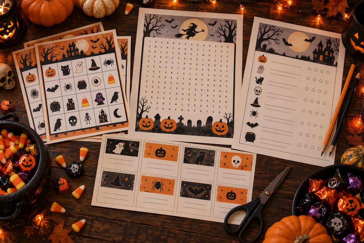 Printed Halloween party games on a festive table