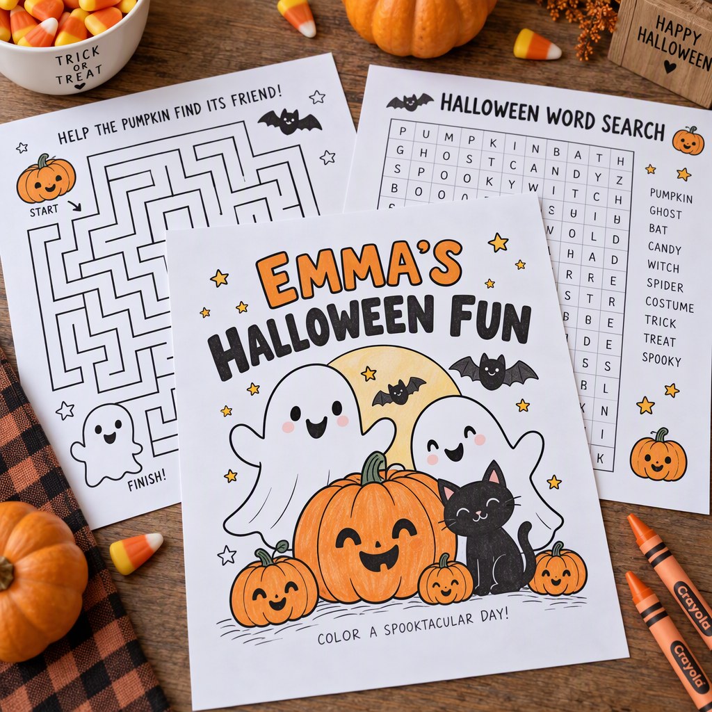 Example Halloween activity pack personalized for Emma