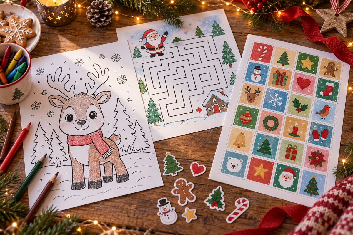 Printed Christmas activity pages with crayons on a wooden table