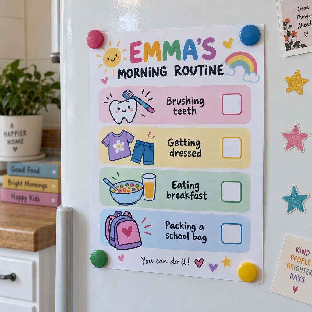 Example morning routine chart personalized for Emma