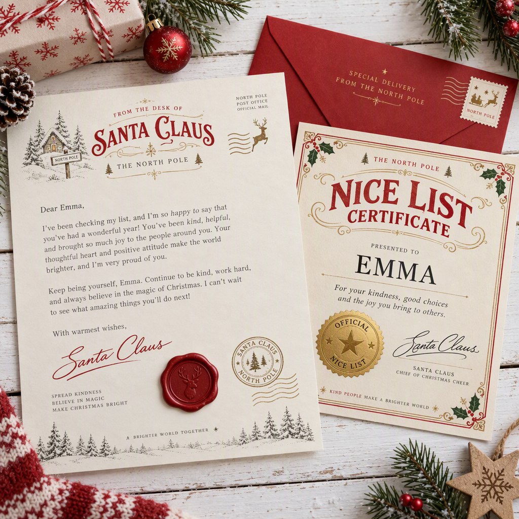 Example letter from Santa and Nice List certificate for Emma