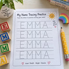 Example name tracing worksheet for the name Emma