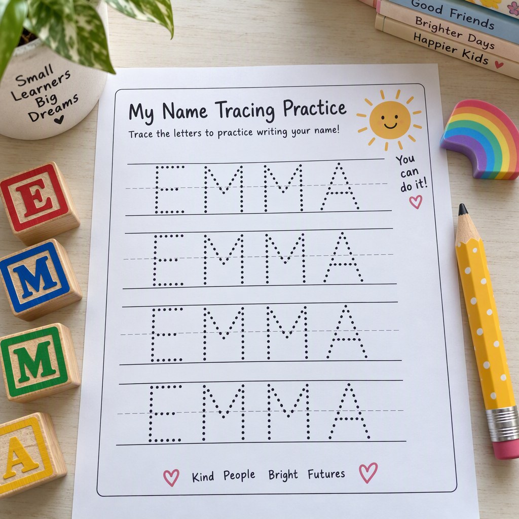 Example name tracing worksheet for the name Emma