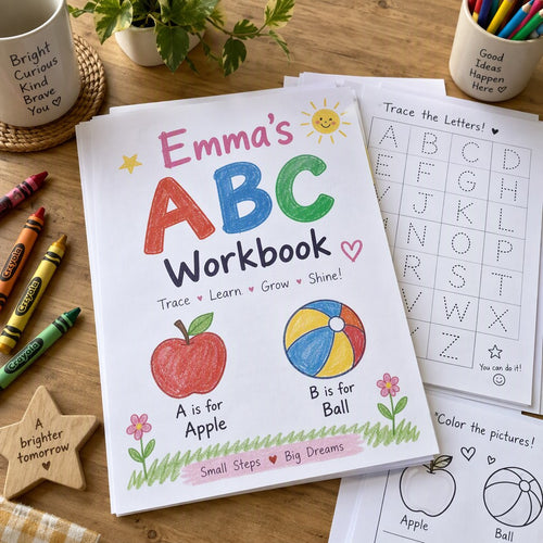 Example Personalized ABC Alphabet Tracing Workbook made for Emma