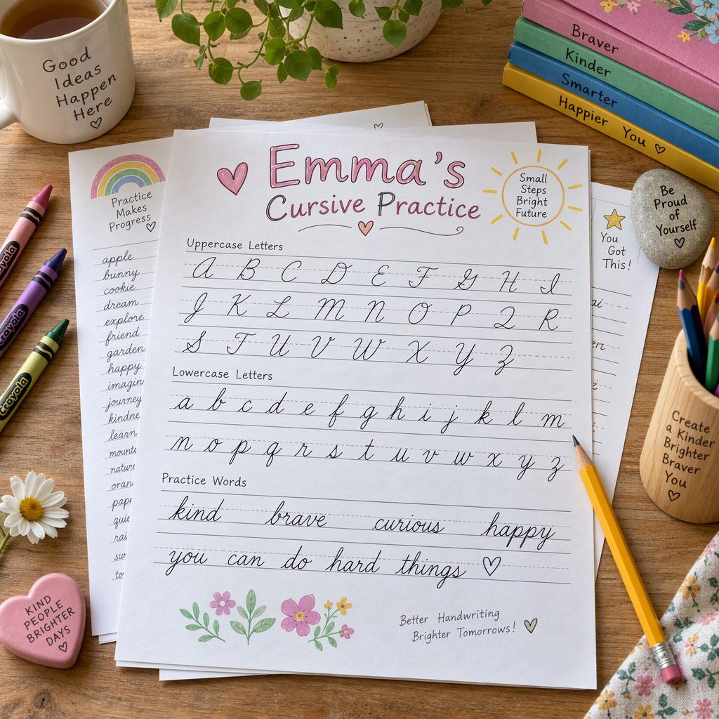 Example Personalized Cursive Writing Practice Workbook made for Emma