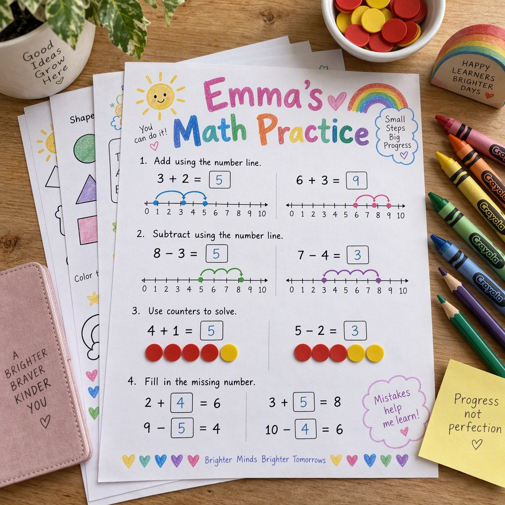 Example Personalized Addition & Subtraction Practice Pack made for Emma