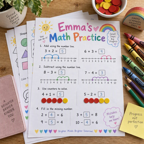 Example Personalized Addition & Subtraction Practice Pack made for Emma