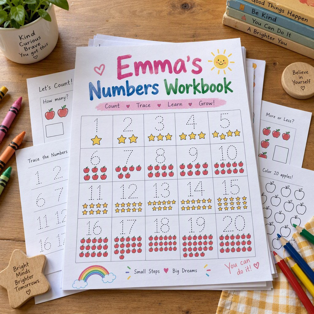 Example Personalized Numbers 1-20 Tracing Workbook made for Emma