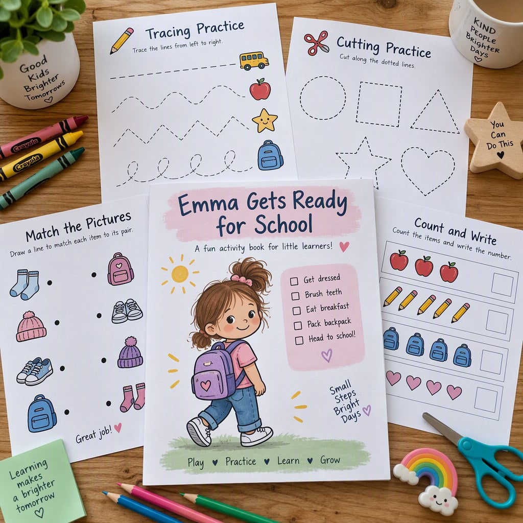 Example Personalized Preschool Readiness Activity Pack made for Emma