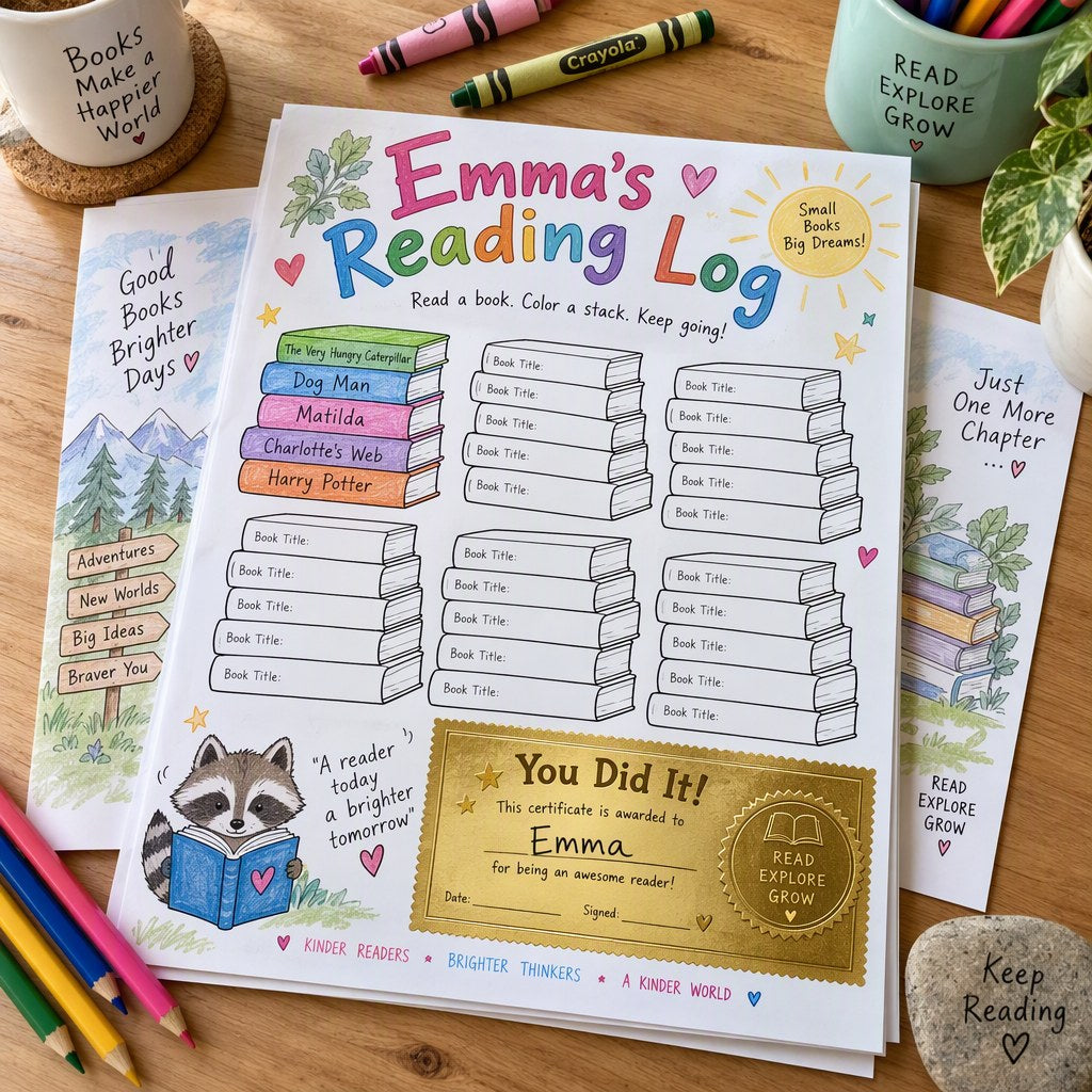 Example Personalized Reading Log & Certificates made for Emma