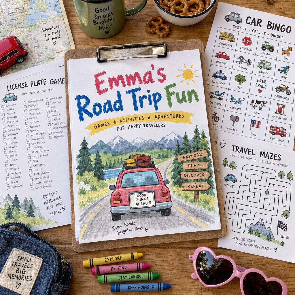 Example Personalized Road Trip Activity Pack made for Emma