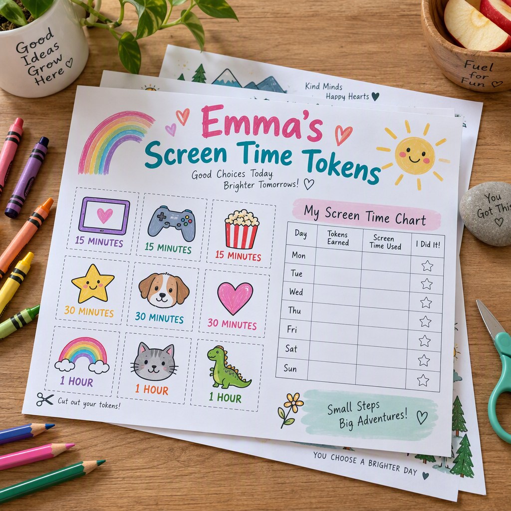 Example Personalized Screen Time Tokens & Chart made for Emma