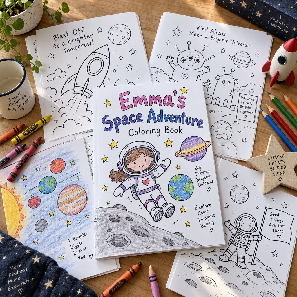 Example Personalized Space Adventure Coloring Book made for Emma