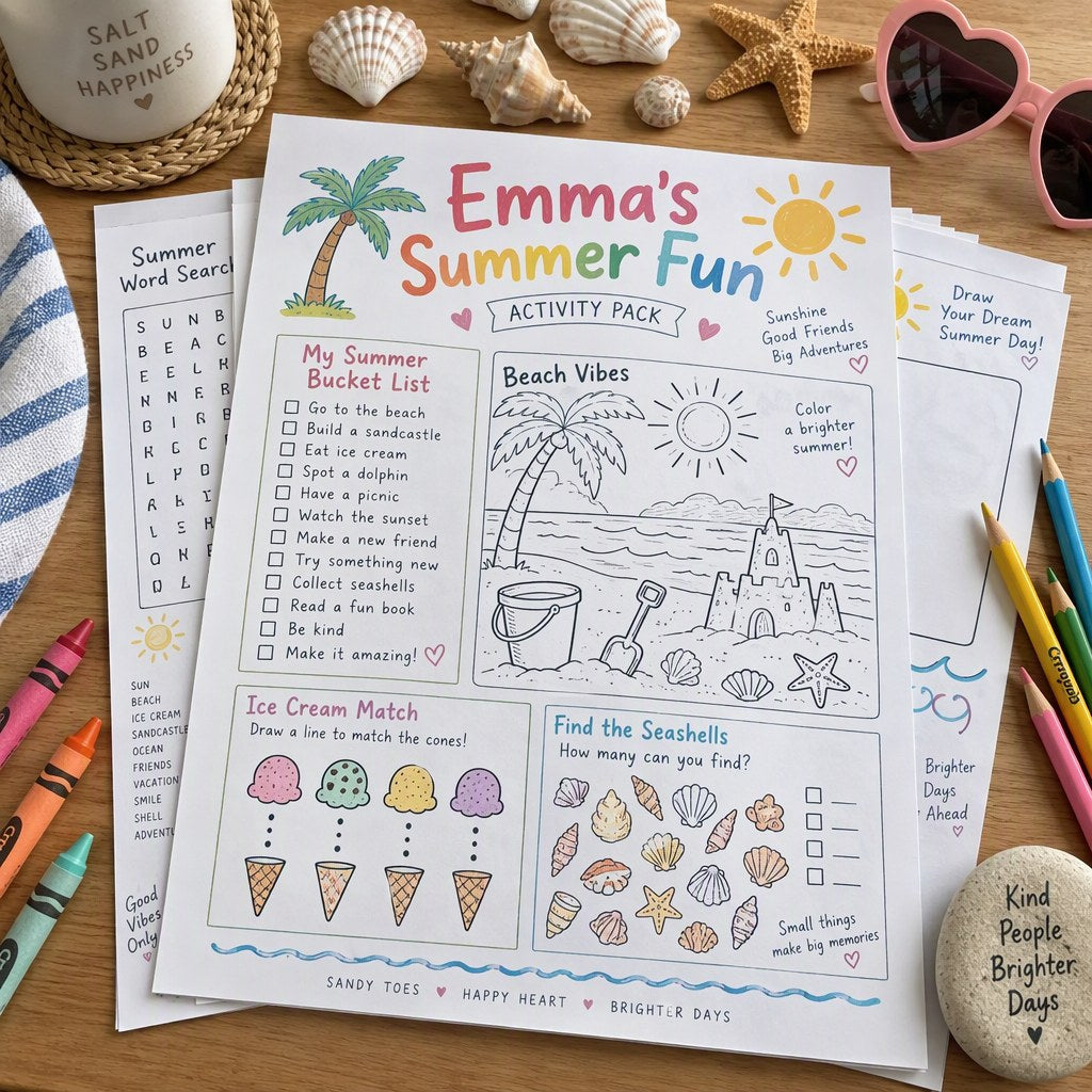 Example Personalized Summer Fun Activity Pack made for Emma