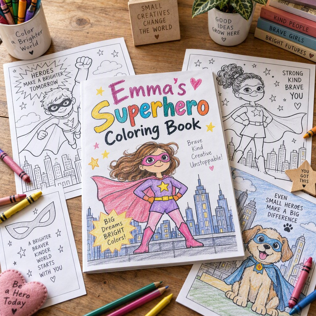 Example Personalized Superhero Coloring Book made for Emma