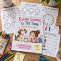 Example Personalized Learn to Tell Time Workbook made for Emma