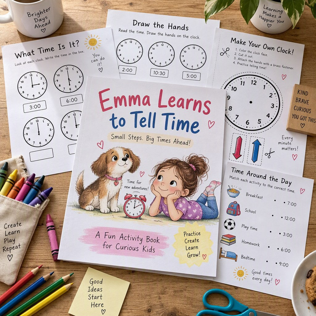 Example Personalized Learn to Tell Time Workbook made for Emma