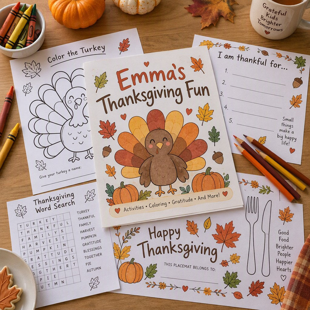 Example Personalized Thanksgiving Activity Pack made for Emma