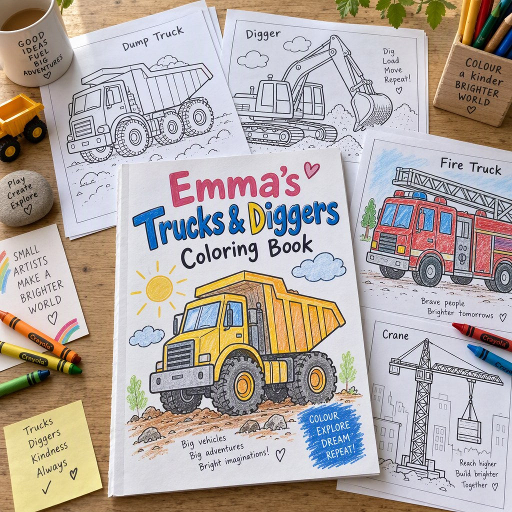 Example Personalized Trucks & Diggers Coloring Book made for Emma